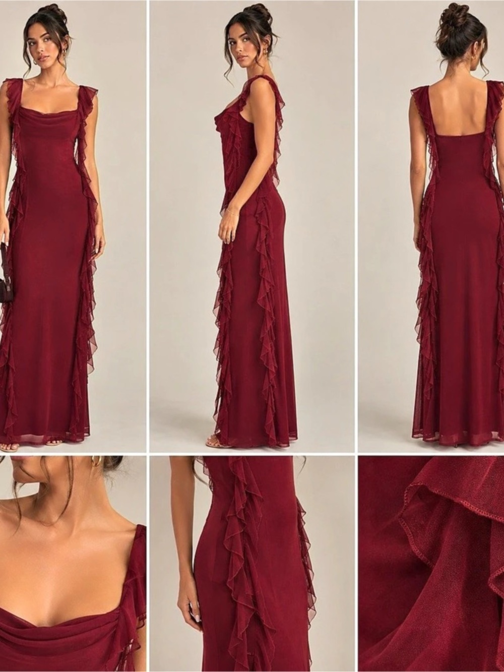 Cider Cowl Neck Solid Ruffle Hem Ruched Maxi Dress Burgundy Large